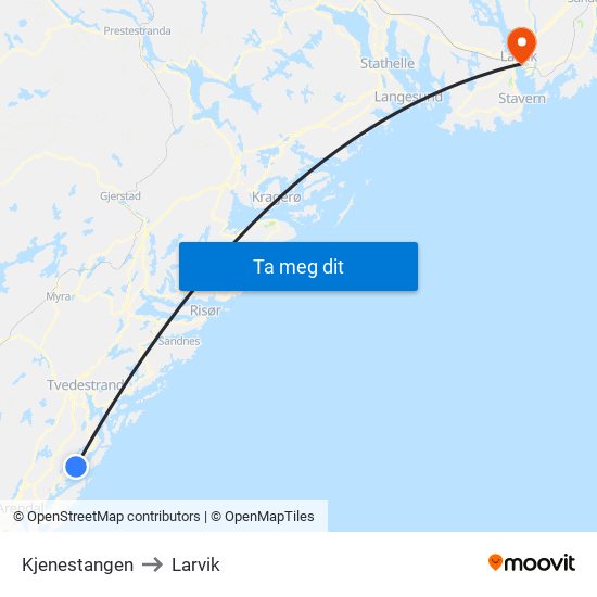 Kjenestangen to Larvik map