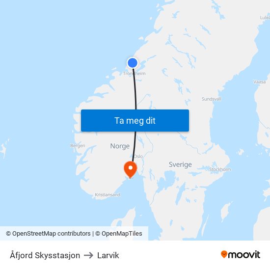 Åfjord Skysstasjon to Larvik map