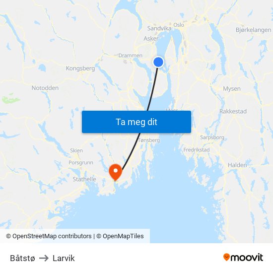 Båtstø to Larvik map