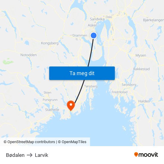 Bødalen to Larvik map