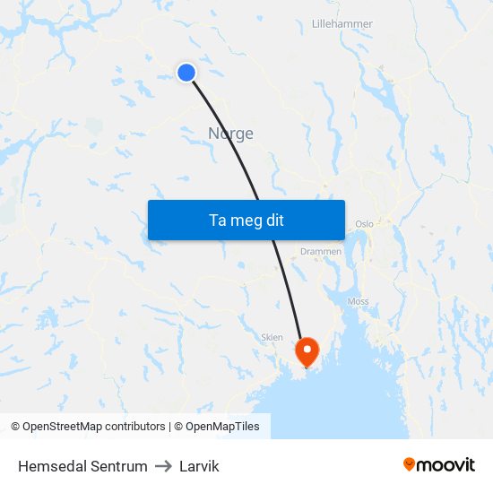Hemsedal Sentrum to Larvik map