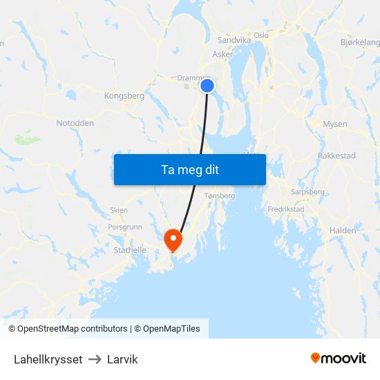 Lahellkrysset to Larvik map