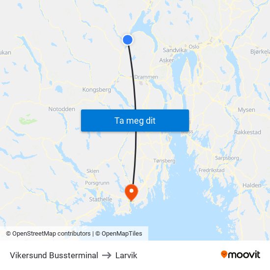 Vikersund Bussterminal to Larvik map