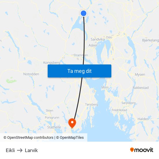 Eikli to Larvik map