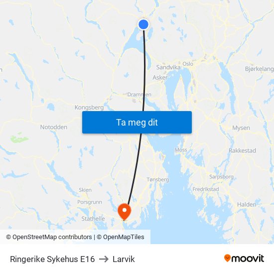 Ringerike Sykehus E16 to Larvik map