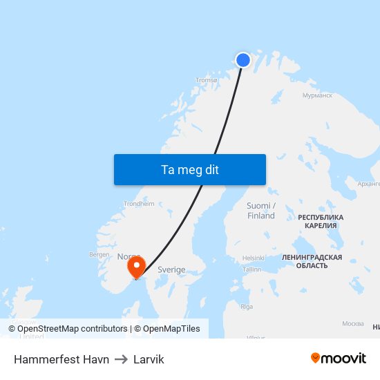 Hammerfest Havn to Larvik map