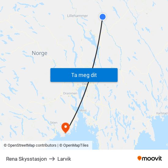 Rena Skysstasjon to Larvik map