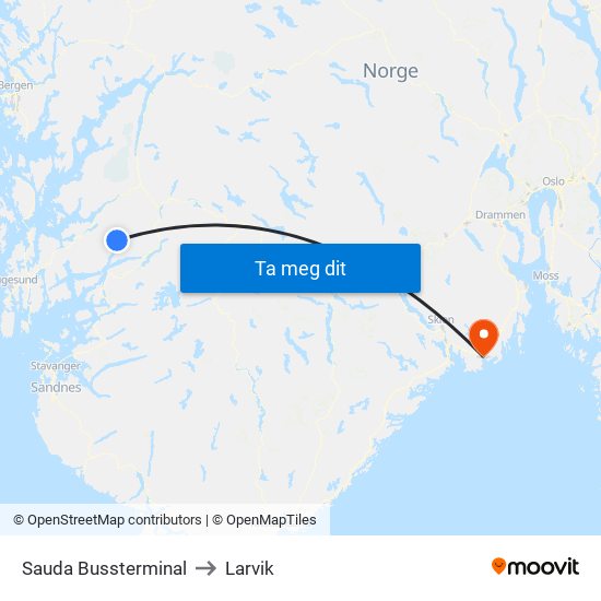 Sauda Bussterminal to Larvik map