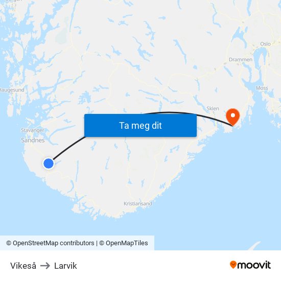 Vikeså to Larvik map