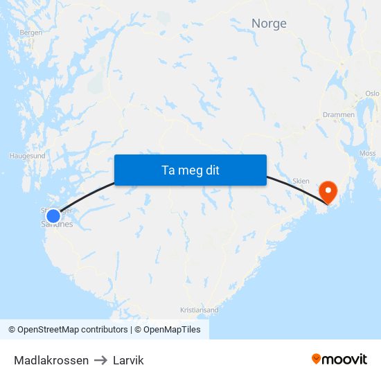 Madlakrossen to Larvik map