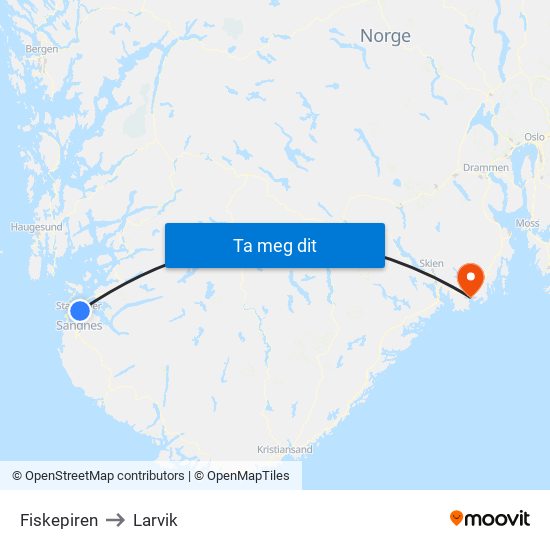 Fiskepiren to Larvik map