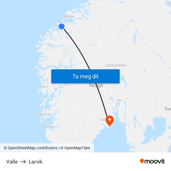 Valle to Larvik map