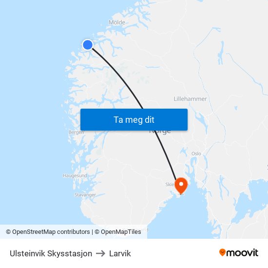 Ulsteinvik Skysstasjon to Larvik map