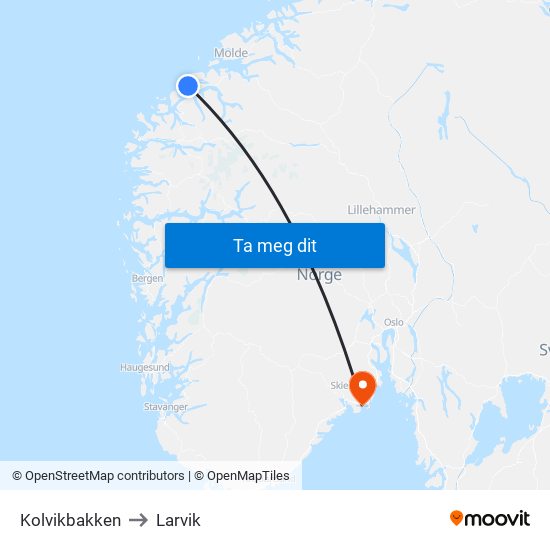 Kolvikbakken to Larvik map