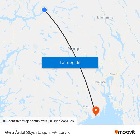 Øvre Årdal Skysstasjon to Larvik map