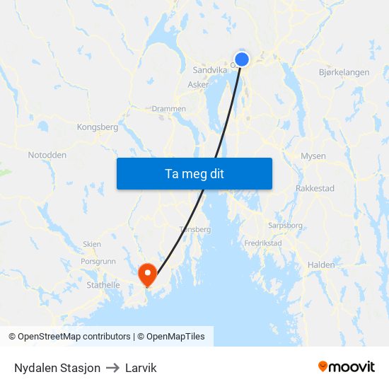 Nydalen Stasjon to Larvik map