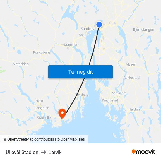 Ullevål Stadion to Larvik map