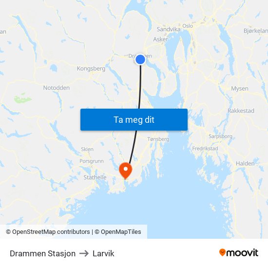 Drammen Stasjon to Larvik map