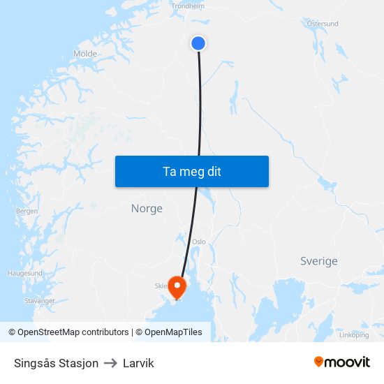 Singsås Stasjon to Larvik map