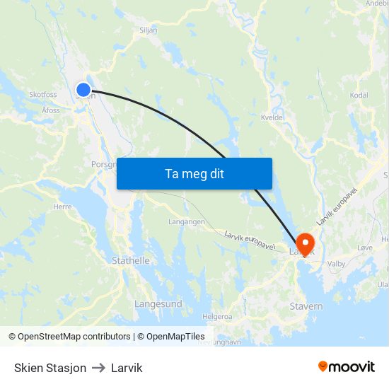 Skien Stasjon to Larvik map