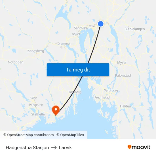 Haugenstua Stasjon to Larvik map