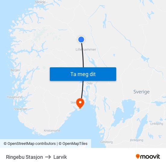 Ringebu Stasjon to Larvik map
