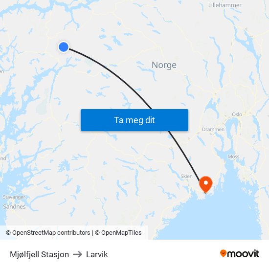 Mjølfjell Stasjon to Larvik map