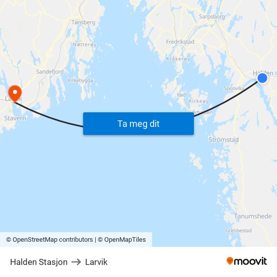 Halden Stasjon to Larvik map