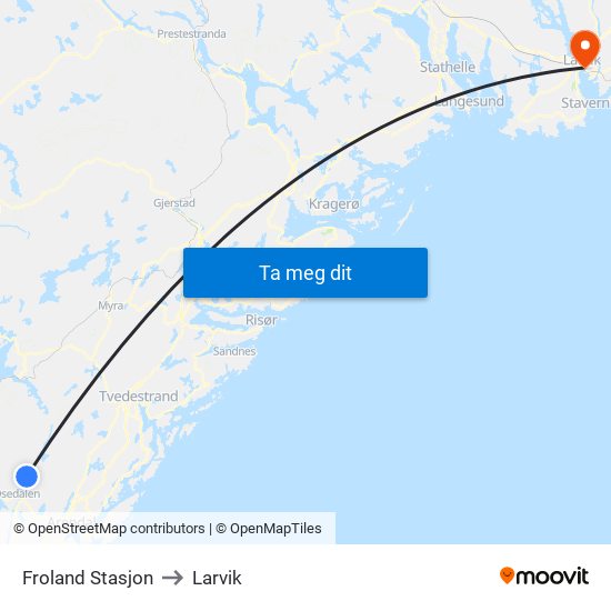 Froland Stasjon to Larvik map