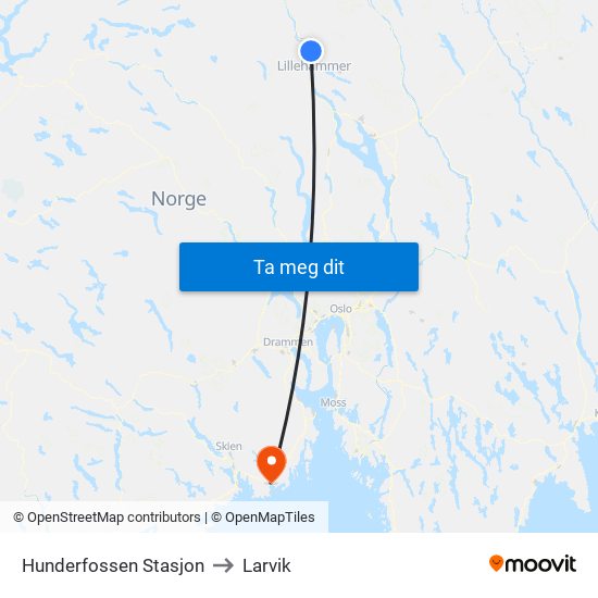 Hunderfossen Stasjon to Larvik map