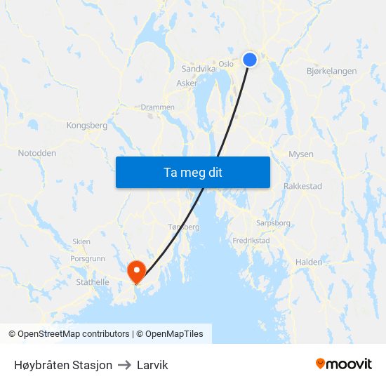 Høybråten Stasjon to Larvik map