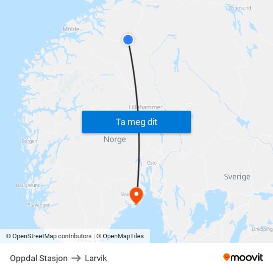 Oppdal Stasjon to Larvik map