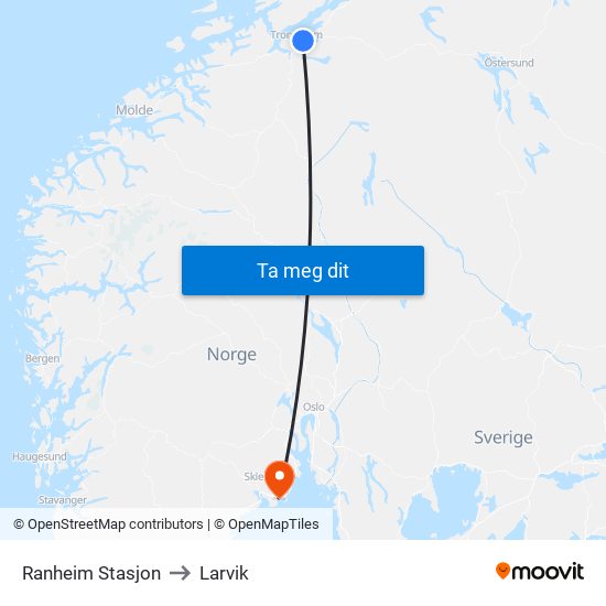 Ranheim Stasjon to Larvik map