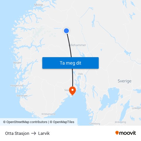 Otta Stasjon to Larvik map