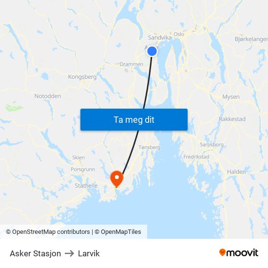 Asker Stasjon to Larvik map