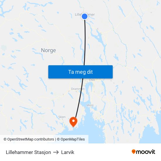 Lillehammer Stasjon to Larvik map