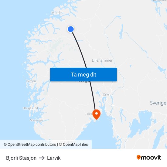 Bjorli Stasjon to Larvik map