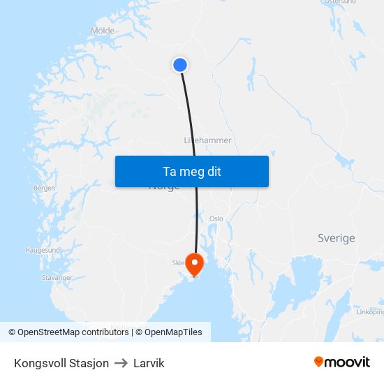 Kongsvoll Stasjon to Larvik map