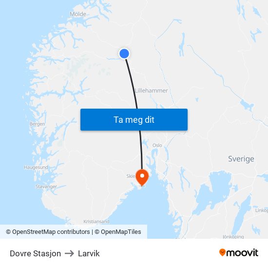 Dovre Stasjon to Larvik map