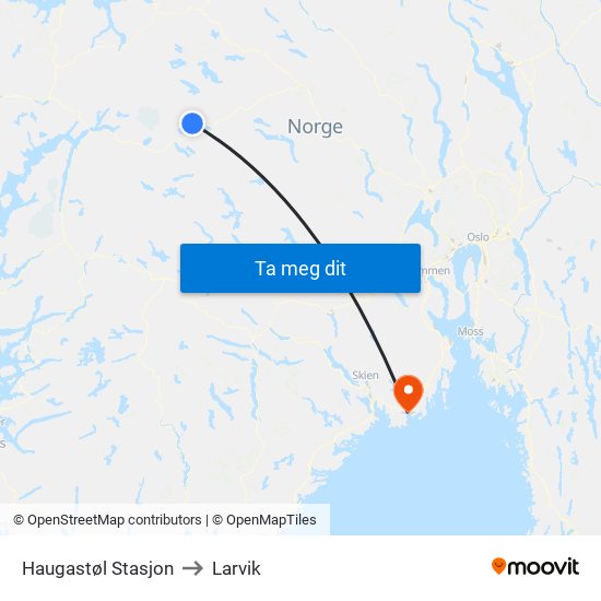 Haugastøl Stasjon to Larvik map