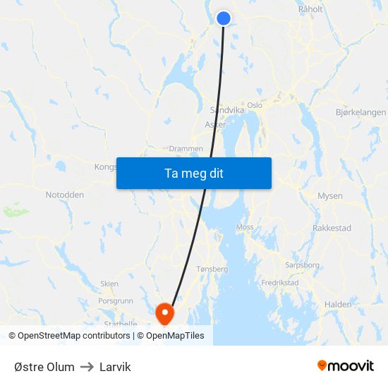 Østre Olum to Larvik map