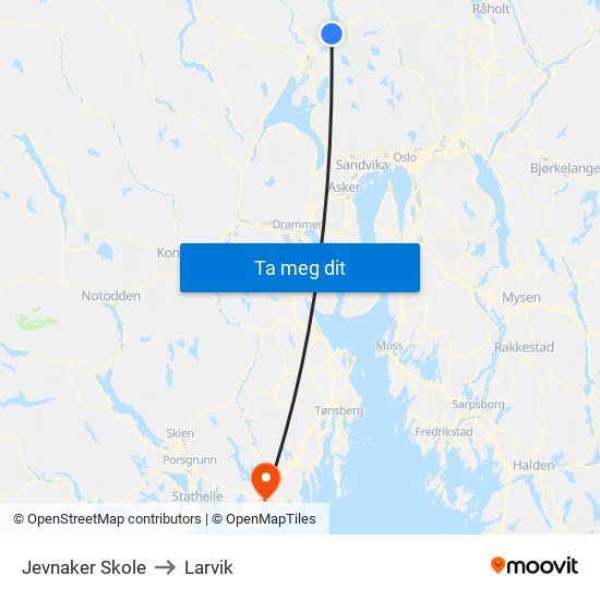 Jevnaker Skole to Larvik map