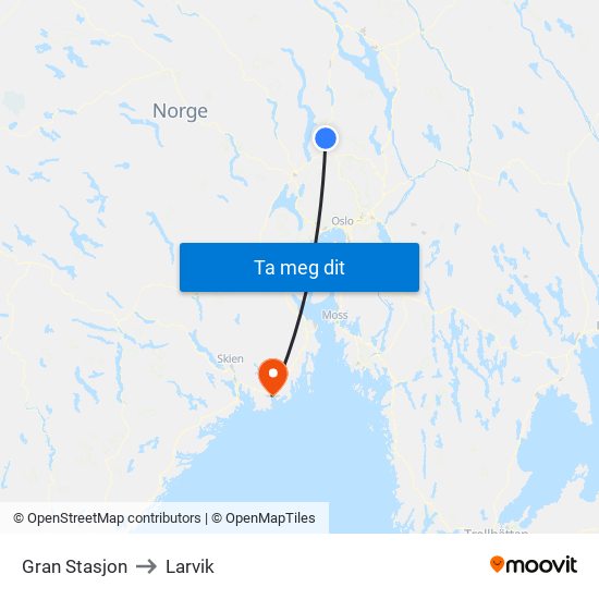 Gran Stasjon to Larvik map