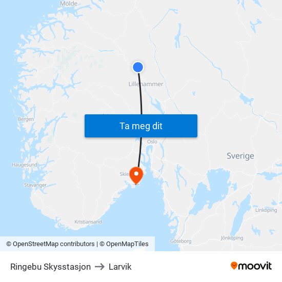 Ringebu Skysstasjon to Larvik map