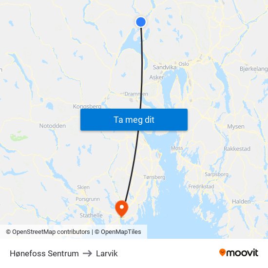 Hønefoss Sentrum to Larvik map