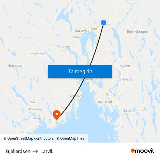 Gjelleråsen to Larvik map