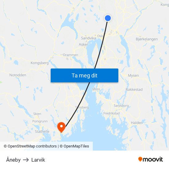 Åneby to Larvik map