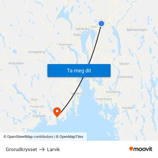 Grorudkrysset to Larvik map