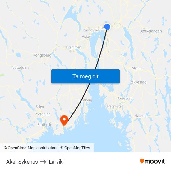 Aker Sykehus to Larvik map