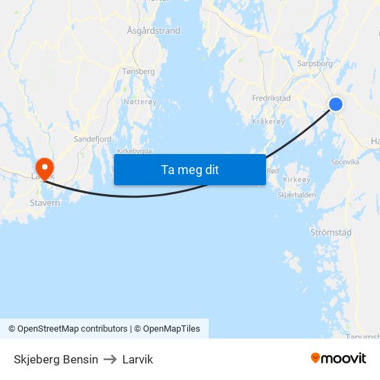 Skjeberg Bensin to Larvik map